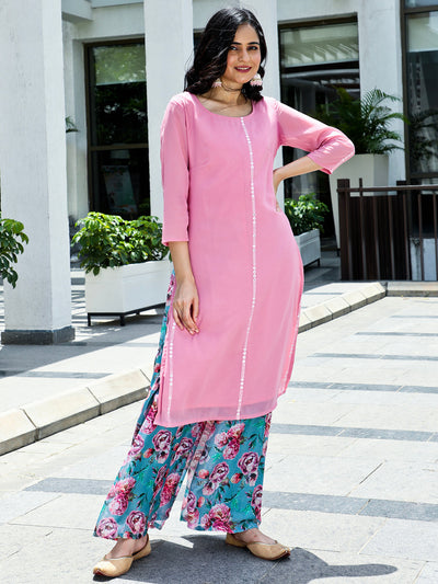 Pink Embroidered Mirror Work Kurta With Palazzo