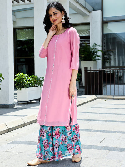 Pink Embroidered Mirror Work Kurta With Palazzo