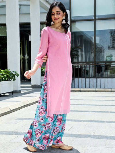 Pink Embroidered Mirror Work Kurta With Palazzo