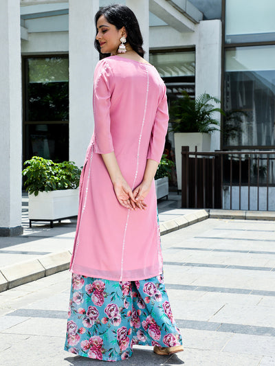 Pink Embroidered Mirror Work Kurta With Palazzo