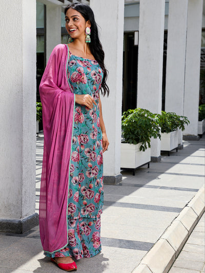 Blue Floral Print Kurta Palazzo With Dupatta