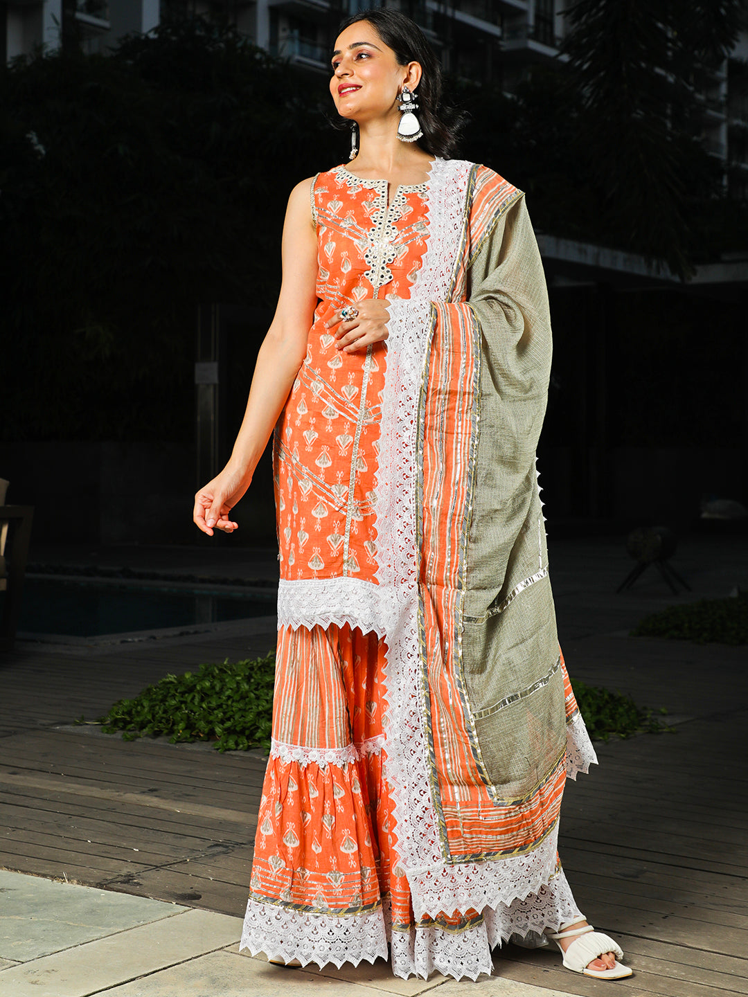 Peach Printed Kurta Sharara With Dupatta