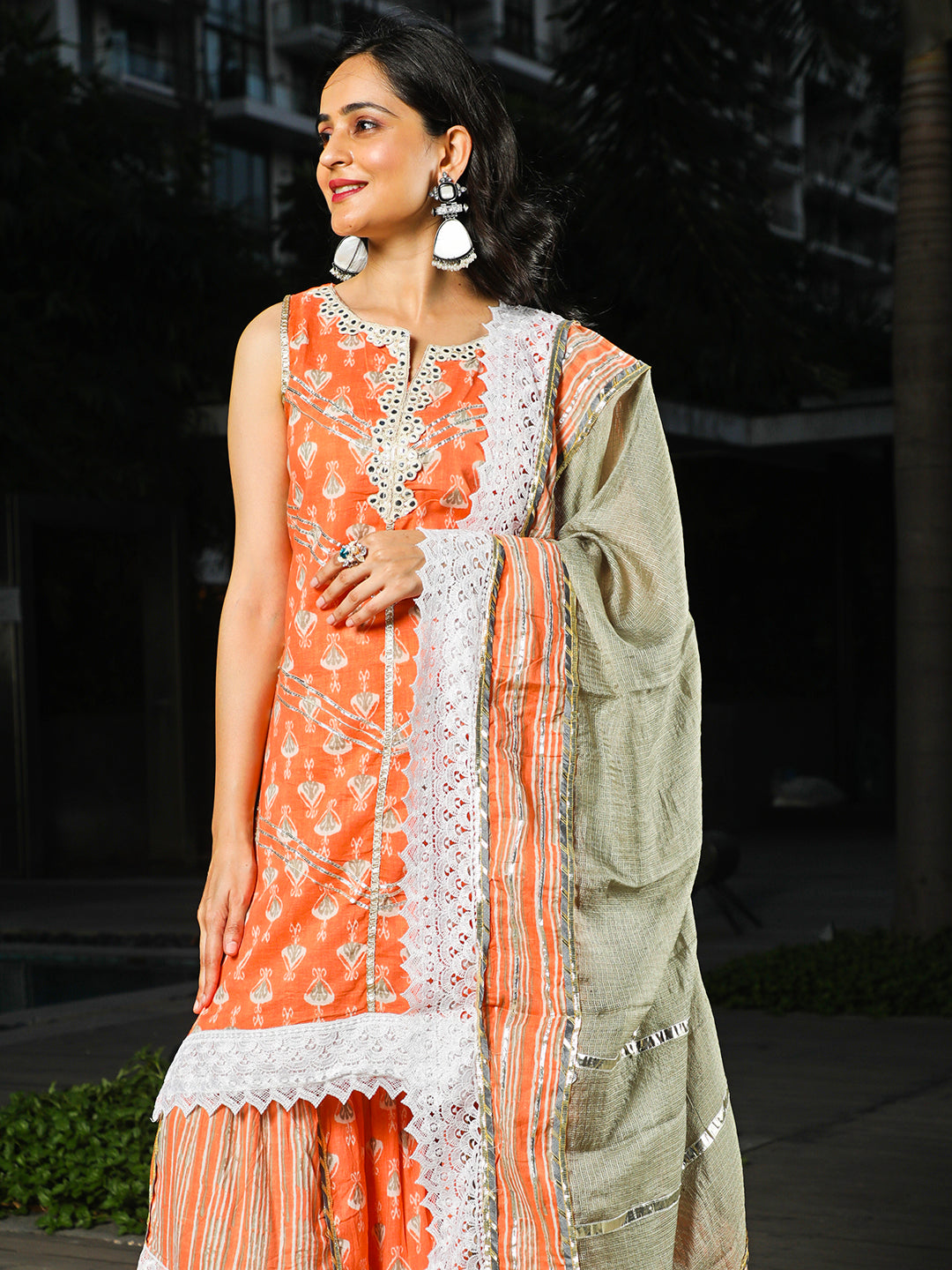 Peach Printed Kurta Sharara With Dupatta