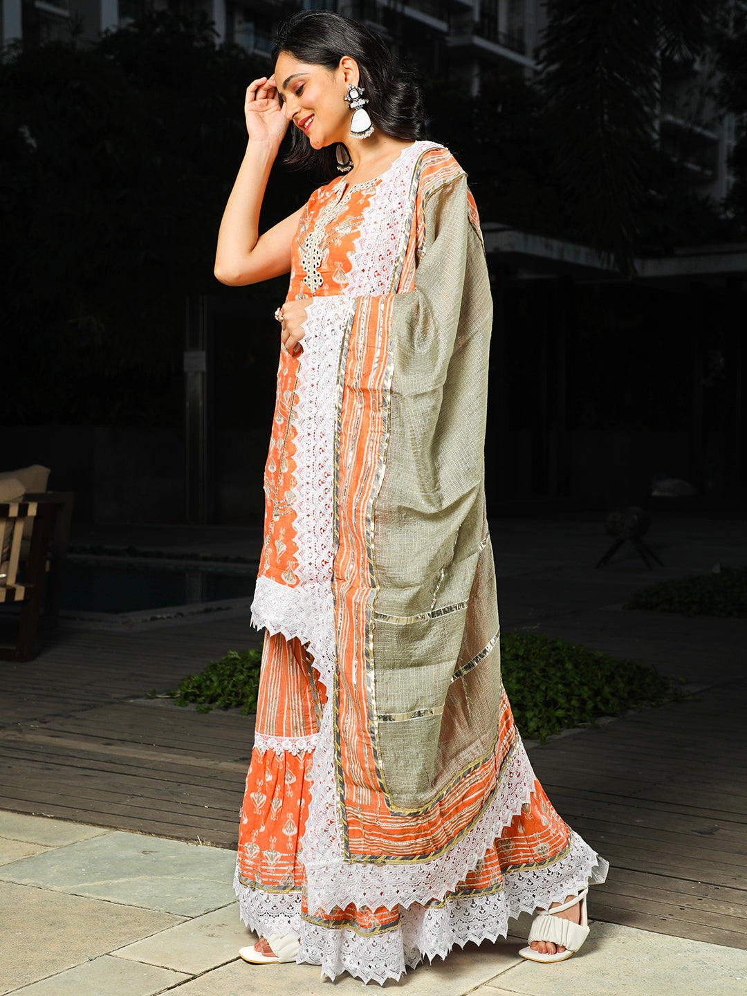 Peach Printed Kurta Sharara With Dupatta