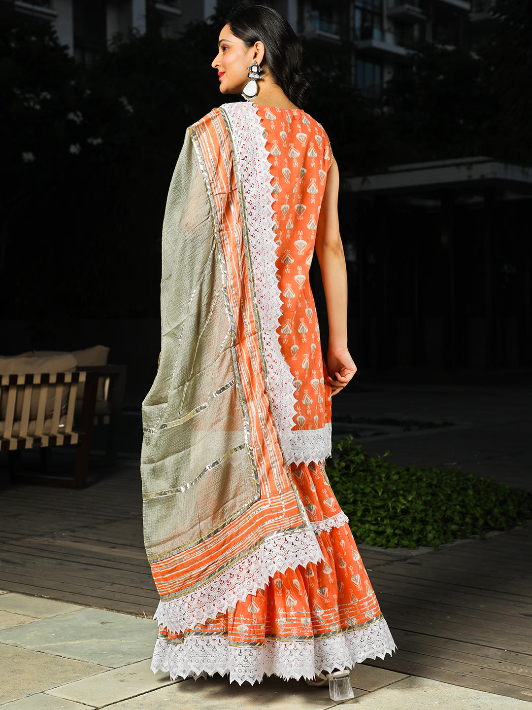 Peach Printed Kurta Sharara With Dupatta