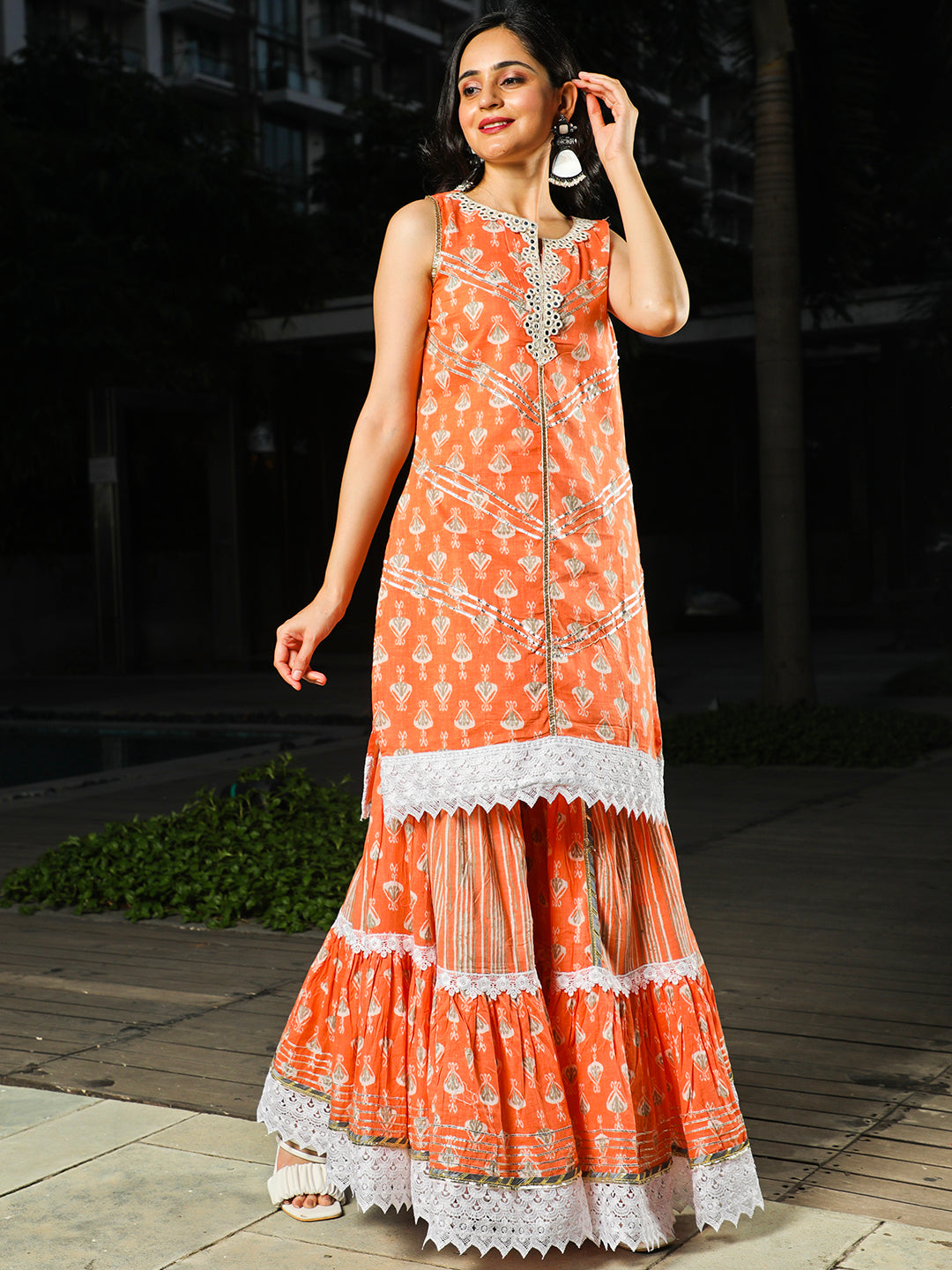 Peach Printed Kurta Sharara With Dupatta