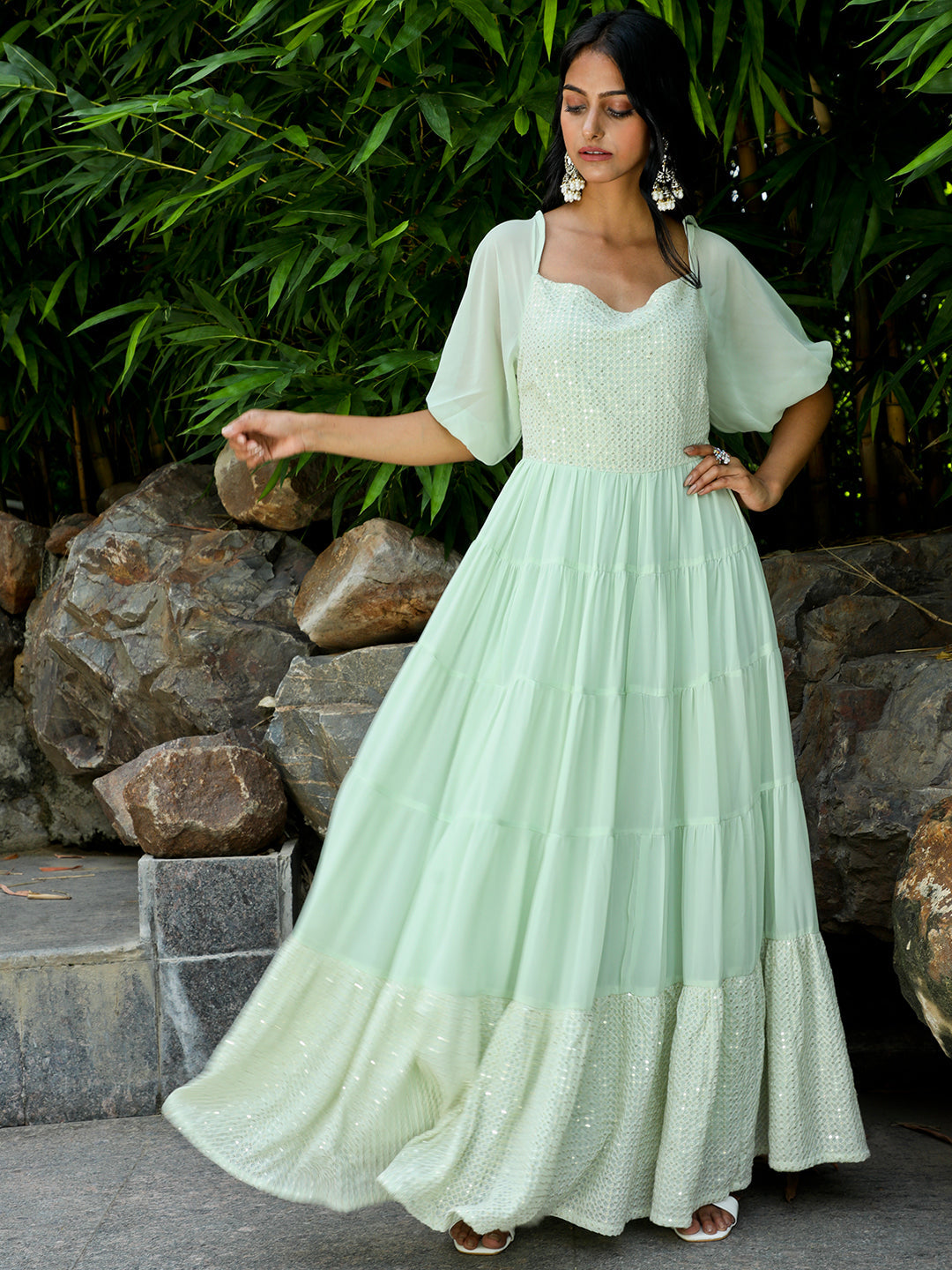 Sea Green Sequin Tiered Maxi Dress