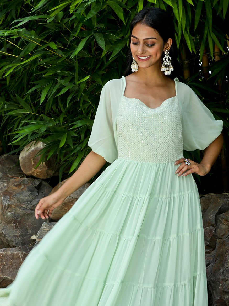 Sea Green Sequin Tiered Maxi Dress