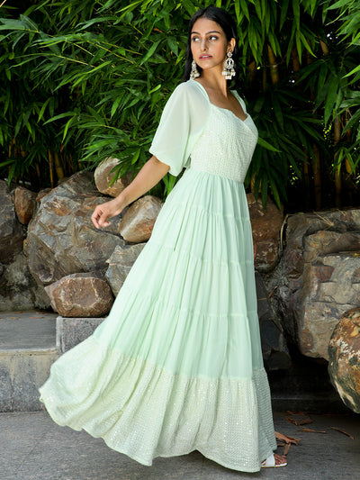 Sea Green Sequin Tiered Maxi Dress