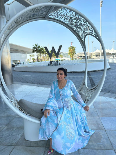 Blue & White Floral Print Anarkali Pant With Dupatta