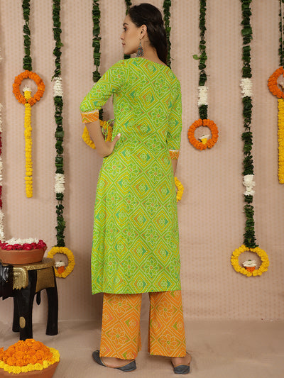 Green Bandhani Print A-Line Kurta With Palazzo