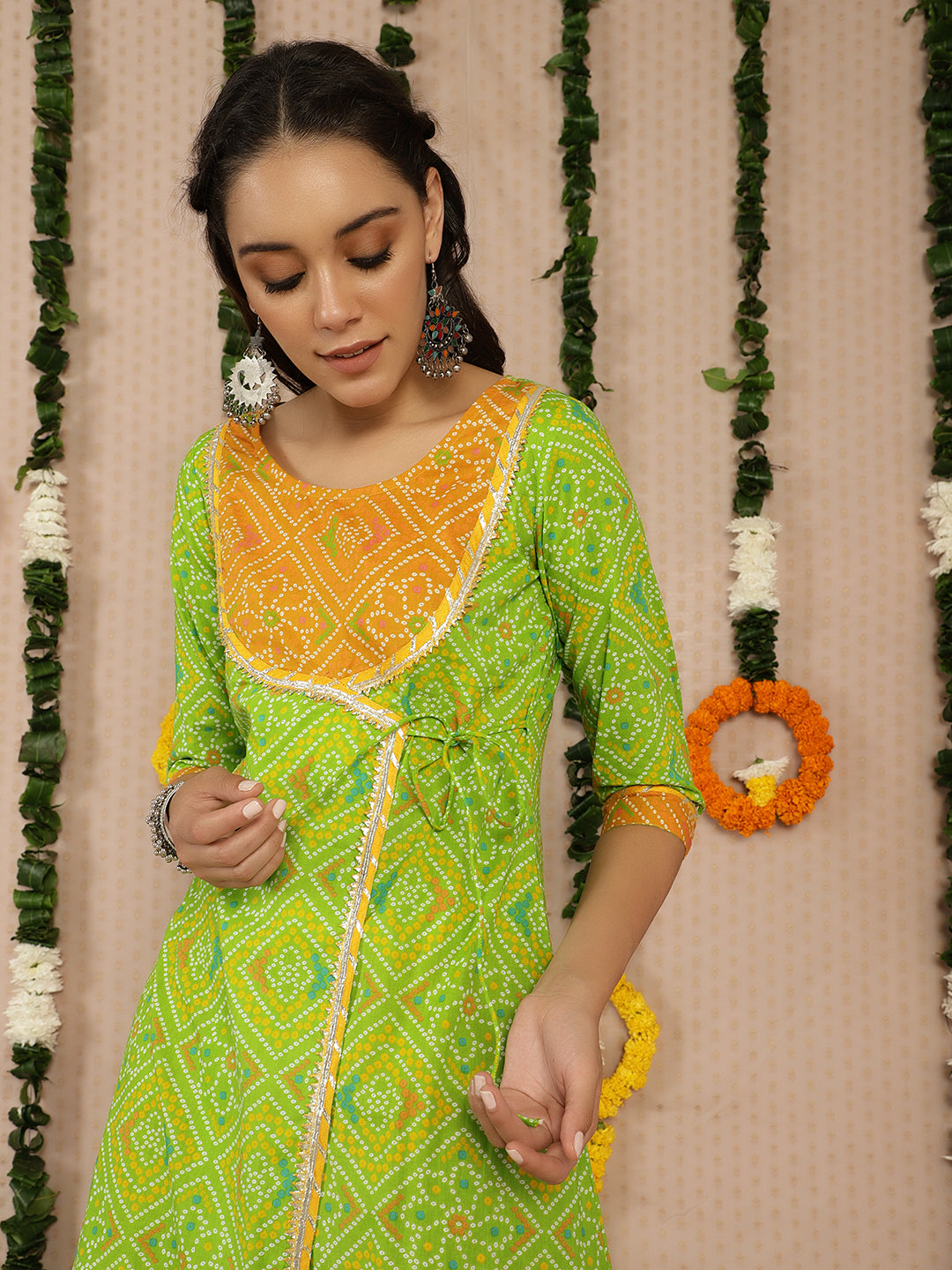 Green Bandhani Print A-Line Kurta With Palazzo