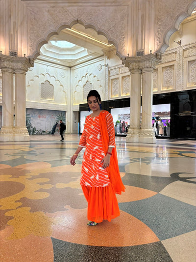 Orange Leheriya Print Gota Work Kurta Sharara With Dupatta