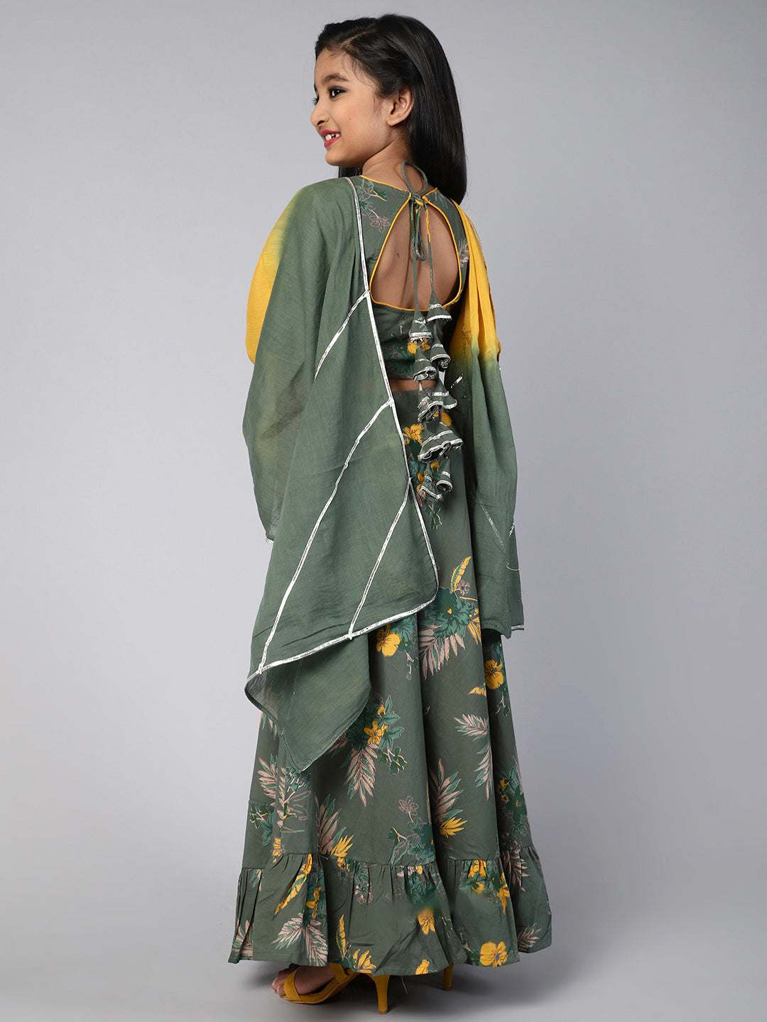 Green Floral Print Lehenga Choli With Dupatta