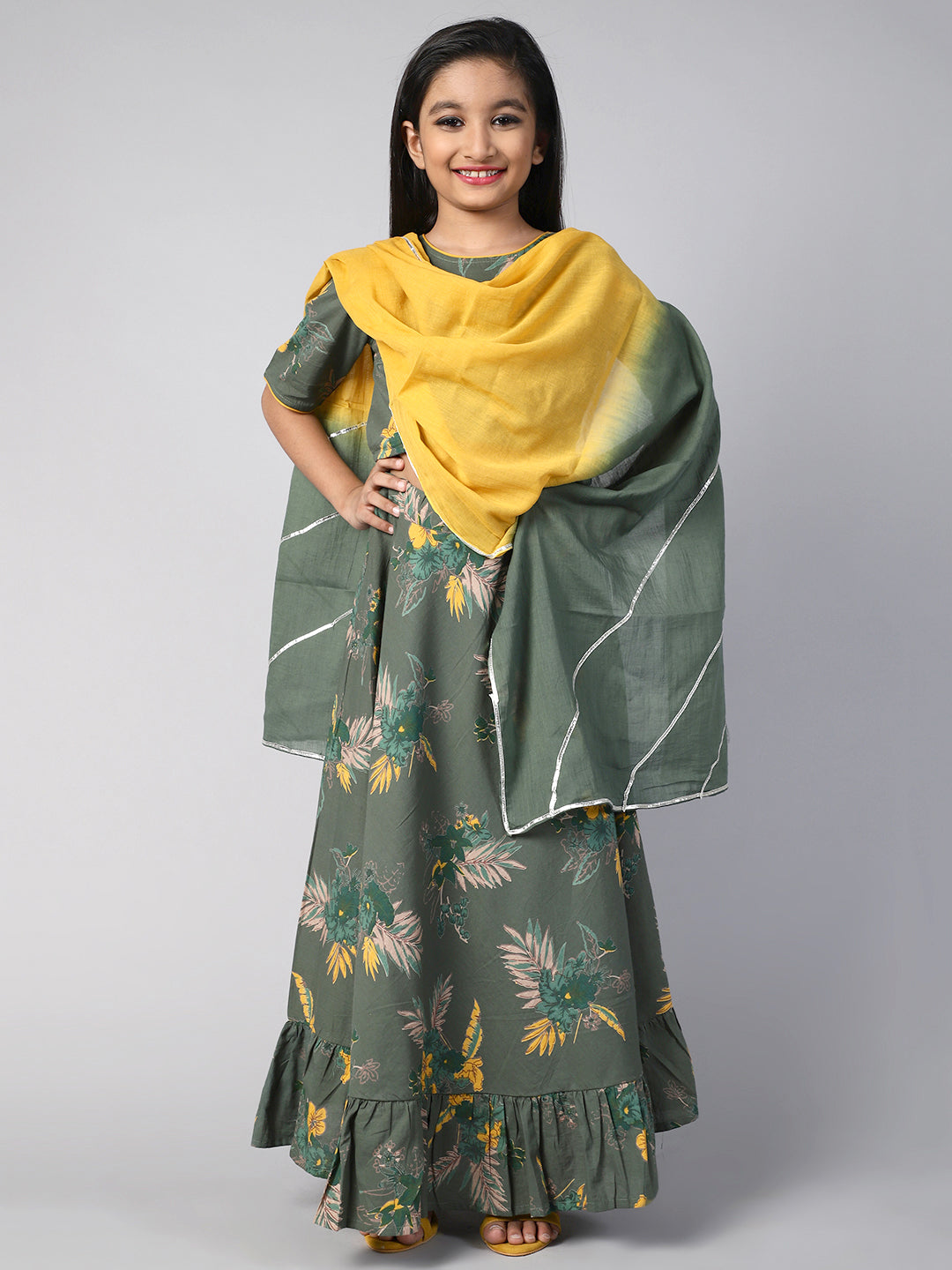 Green Floral Print Lehenga Choli With Dupatta