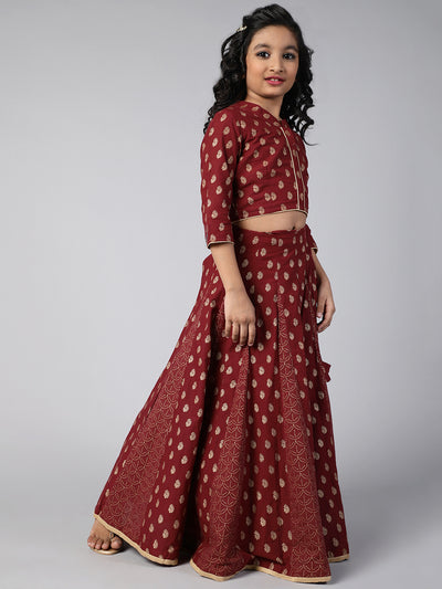 Maroon Gold Printed Lehenga Choli dupatta With Potli Bag