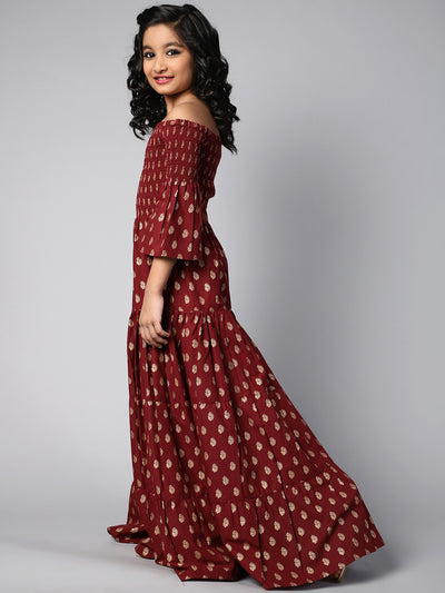 Maroon Gold Printed Off Shoulder Tiered Dress