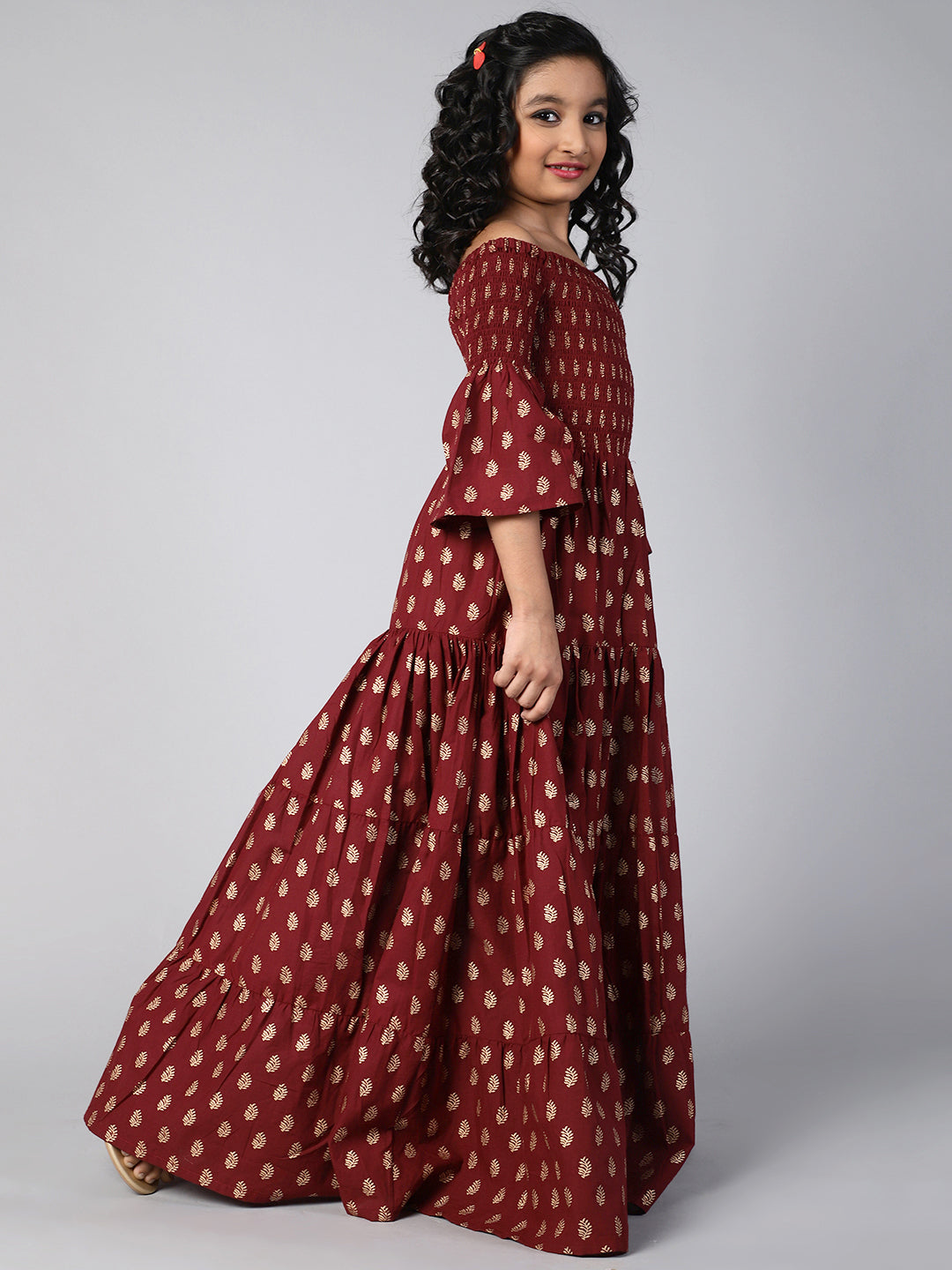 Maroon Gold Printed Off Shoulder Tiered Dress