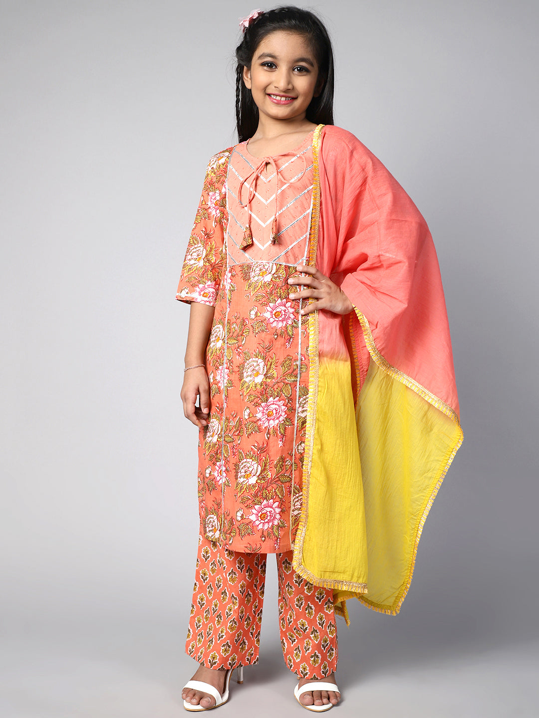 Peach Floral Print Kurta Palazzo With Dupatta