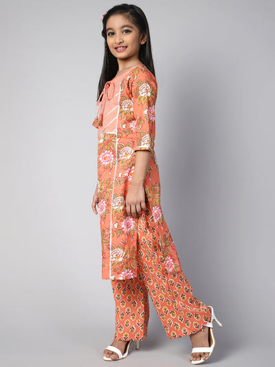 Peach Floral Print Kurta Palazzo With Dupatta