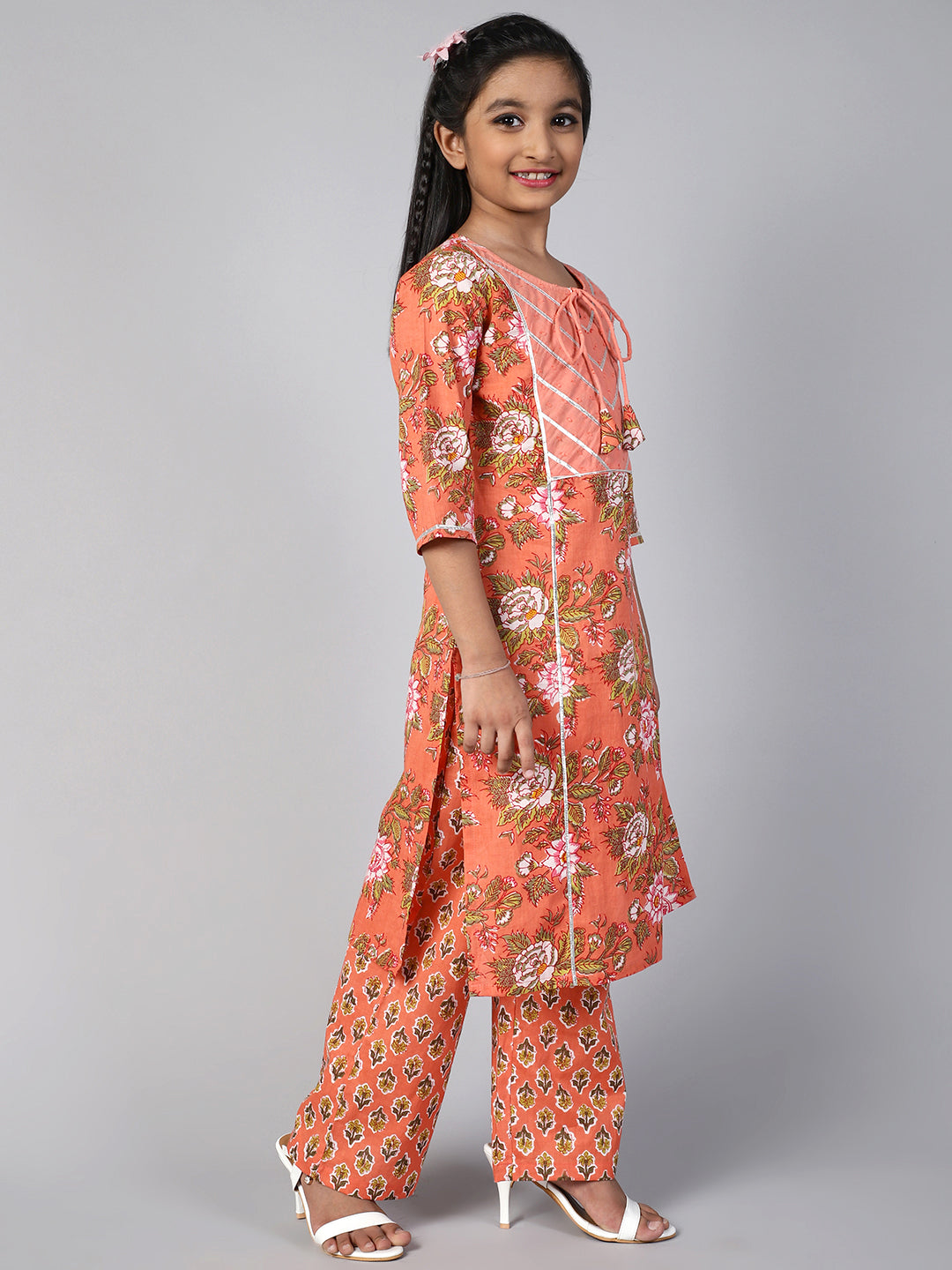 Peach Floral Print Kurta Palazzo With Dupatta