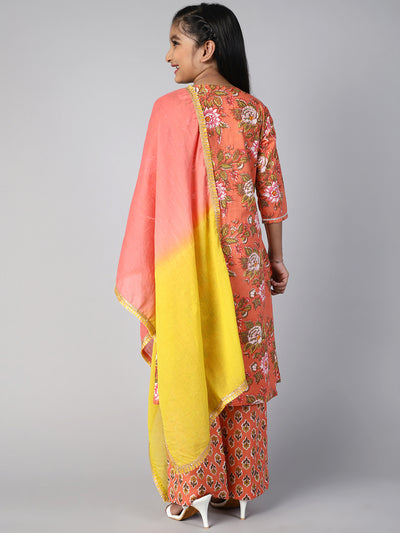 Peach Floral Print Kurta Palazzo With Dupatta