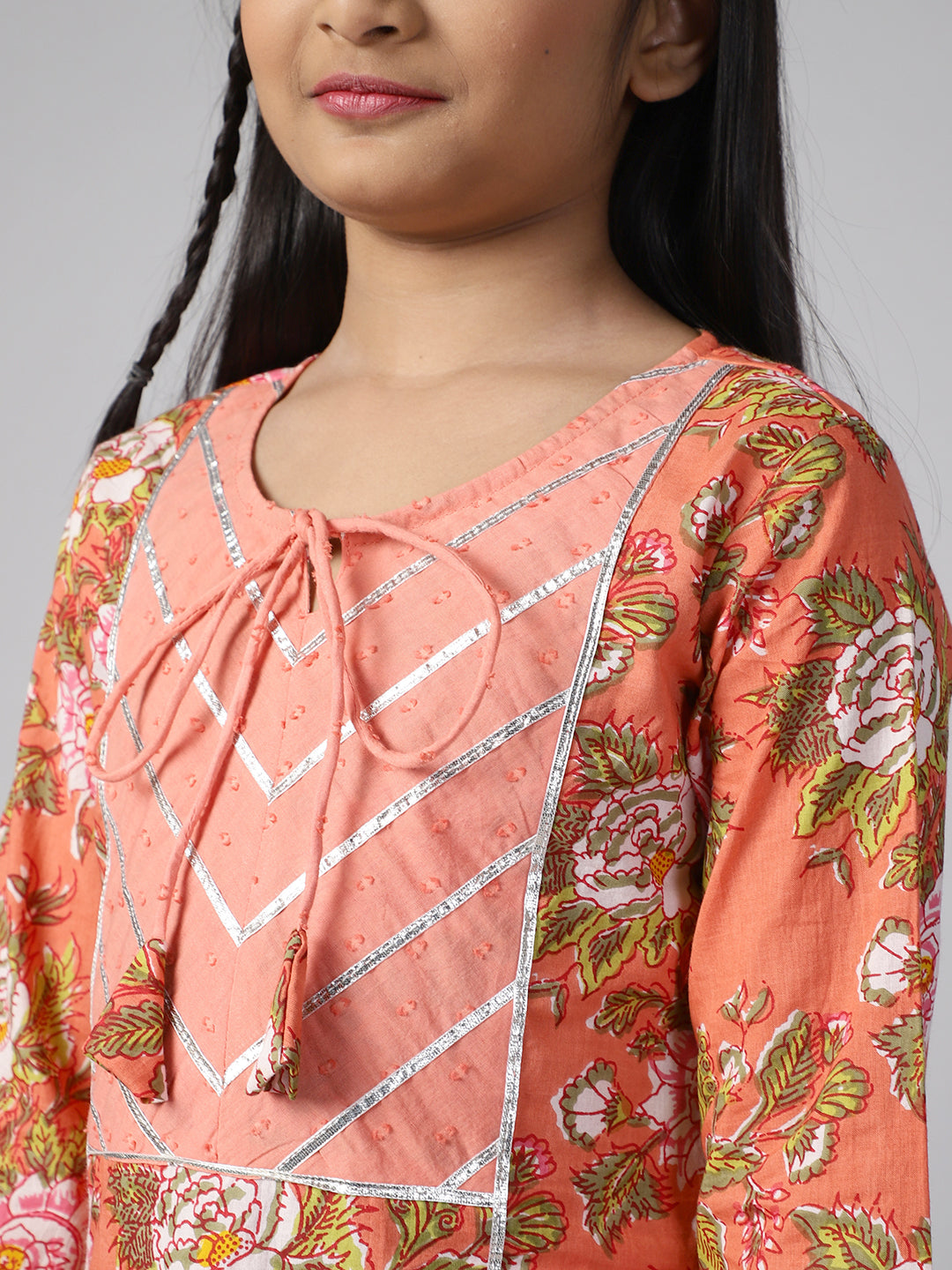 Peach Floral Print Kurta Palazzo With Dupatta