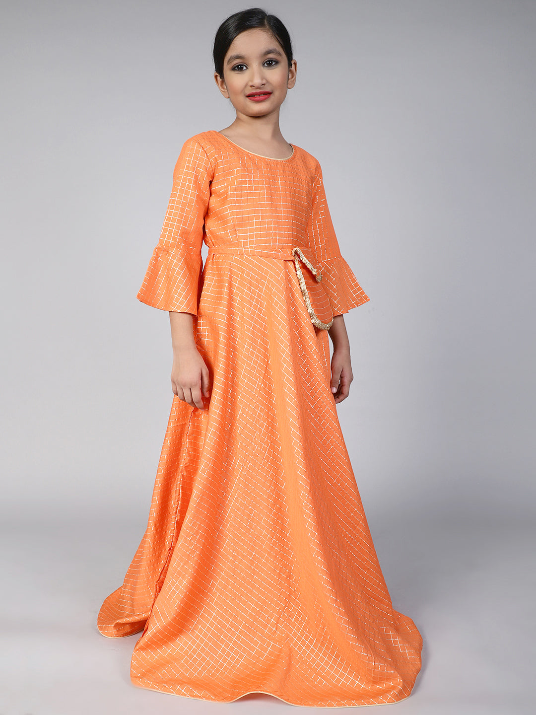 Orange Checked Long Dress With Bag