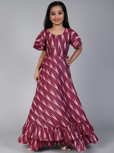 Burgundy Ikat Designed Flared Dress