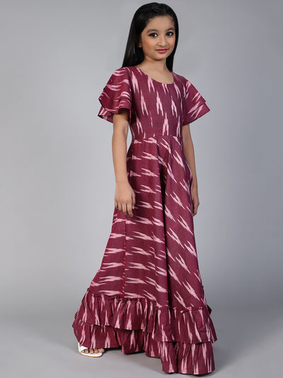 Burgundy Ikat Designed Flared Dress