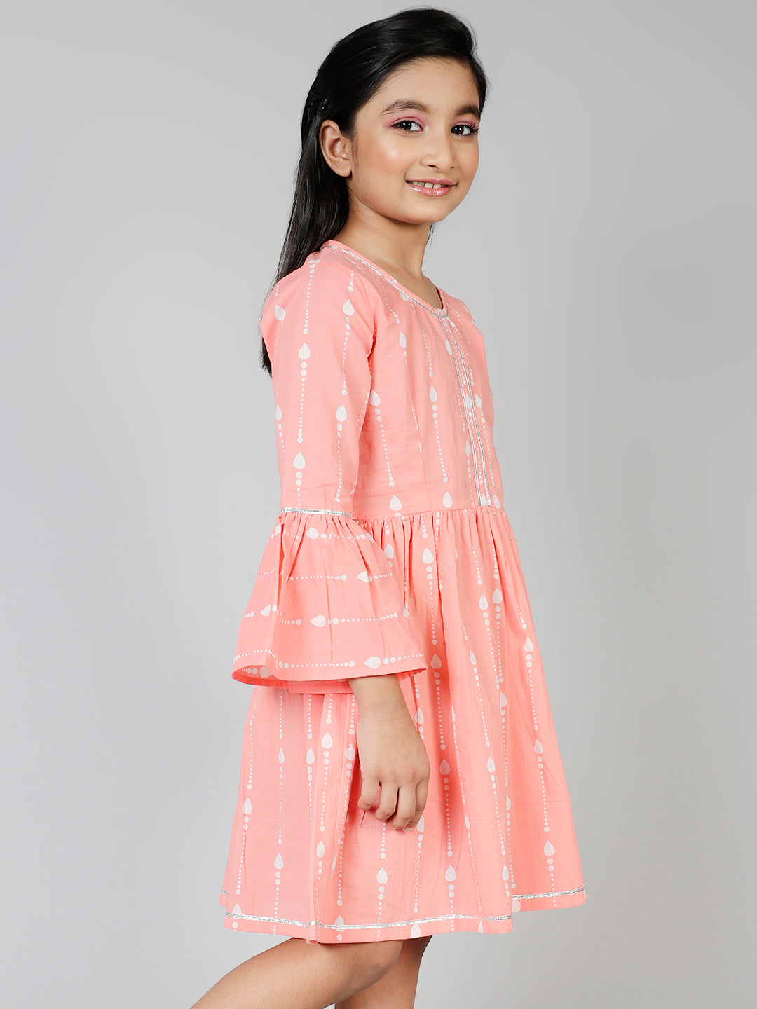 Peach Printed Pleated Dress