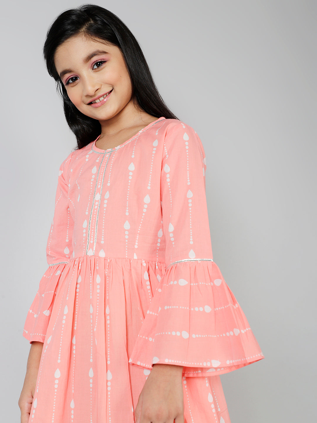 Peach Printed Pleated Dress