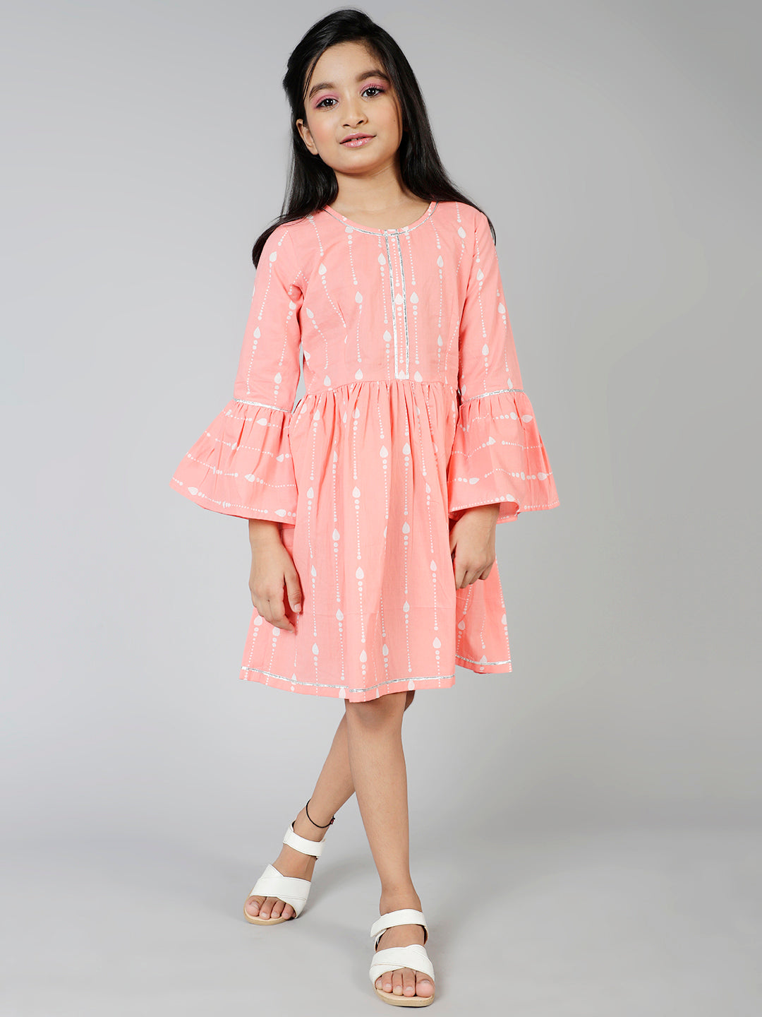 Peach Printed Pleated Dress