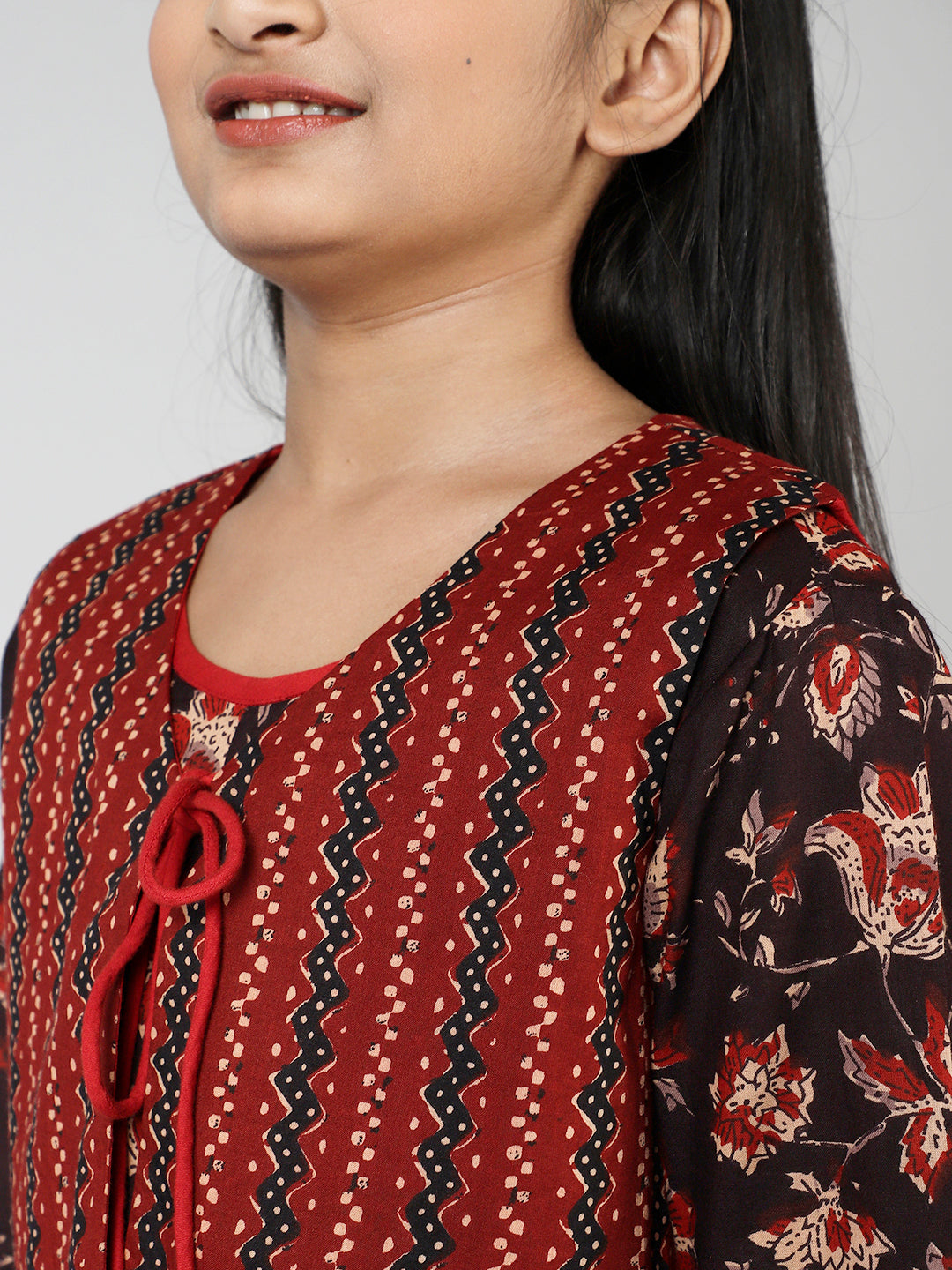 Brown Floral Print Kurta Set With Potli Bag