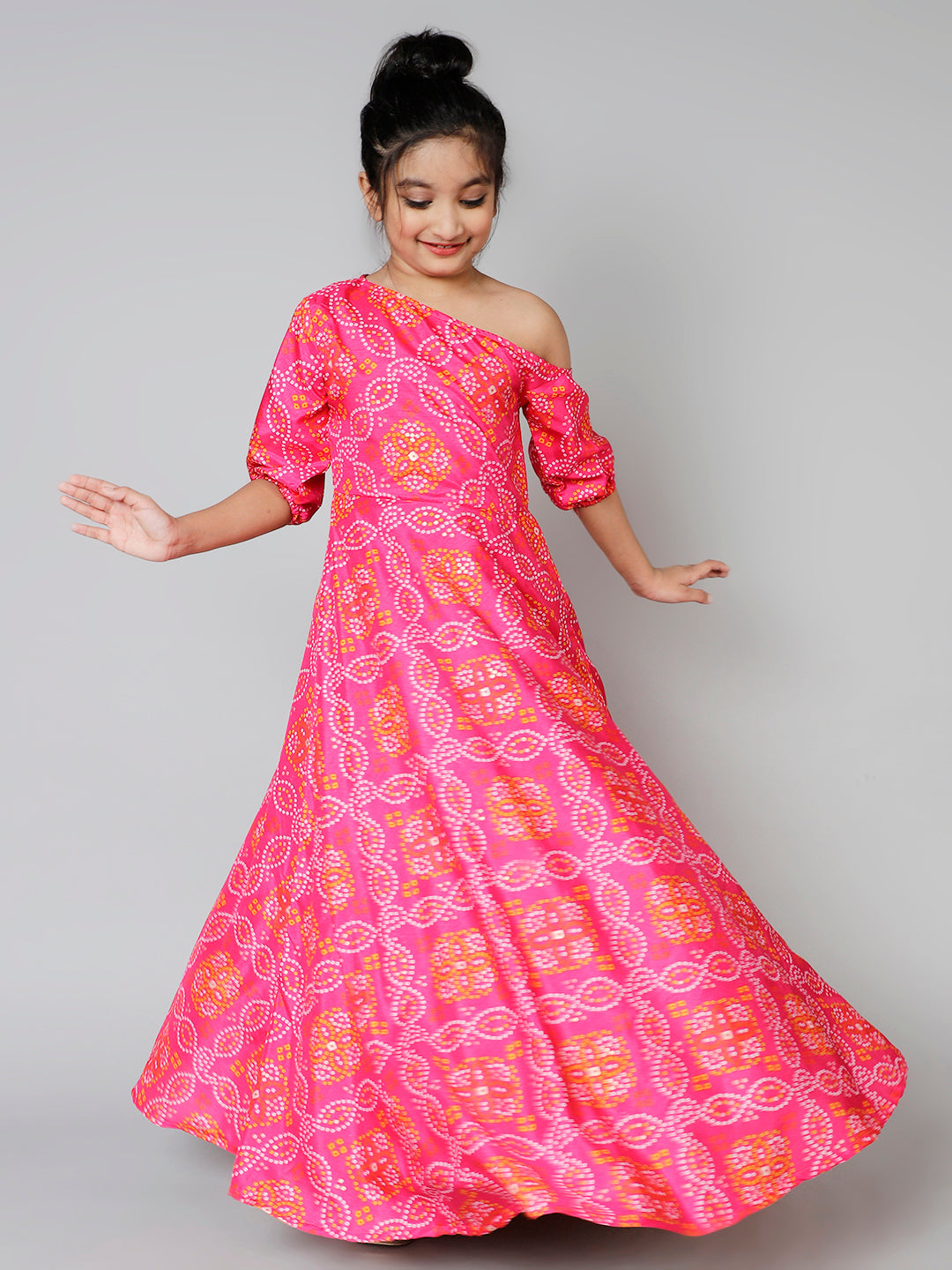 Pink Gold Bandhani Print Maxi Dress