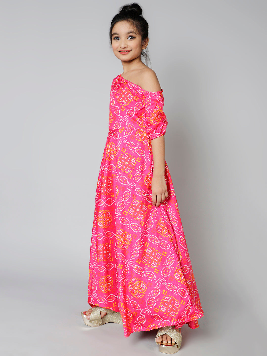 Pink Gold Bandhani Print Maxi Dress