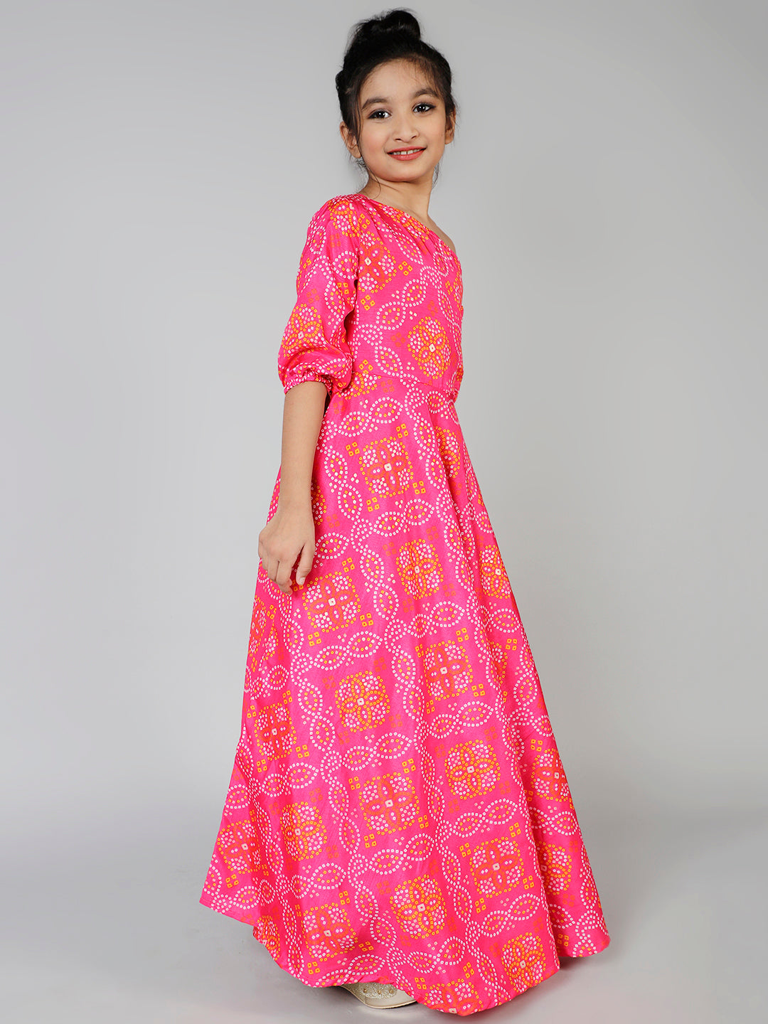 Pink Gold Bandhani Print Maxi Dress