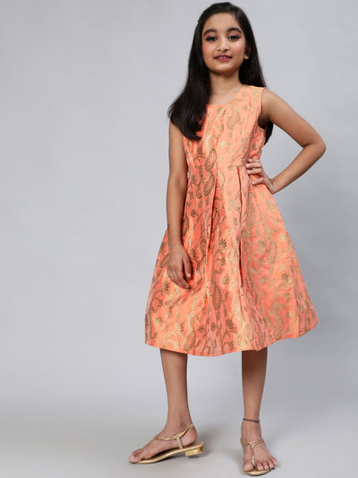 Peach Brocade Pleated Dress