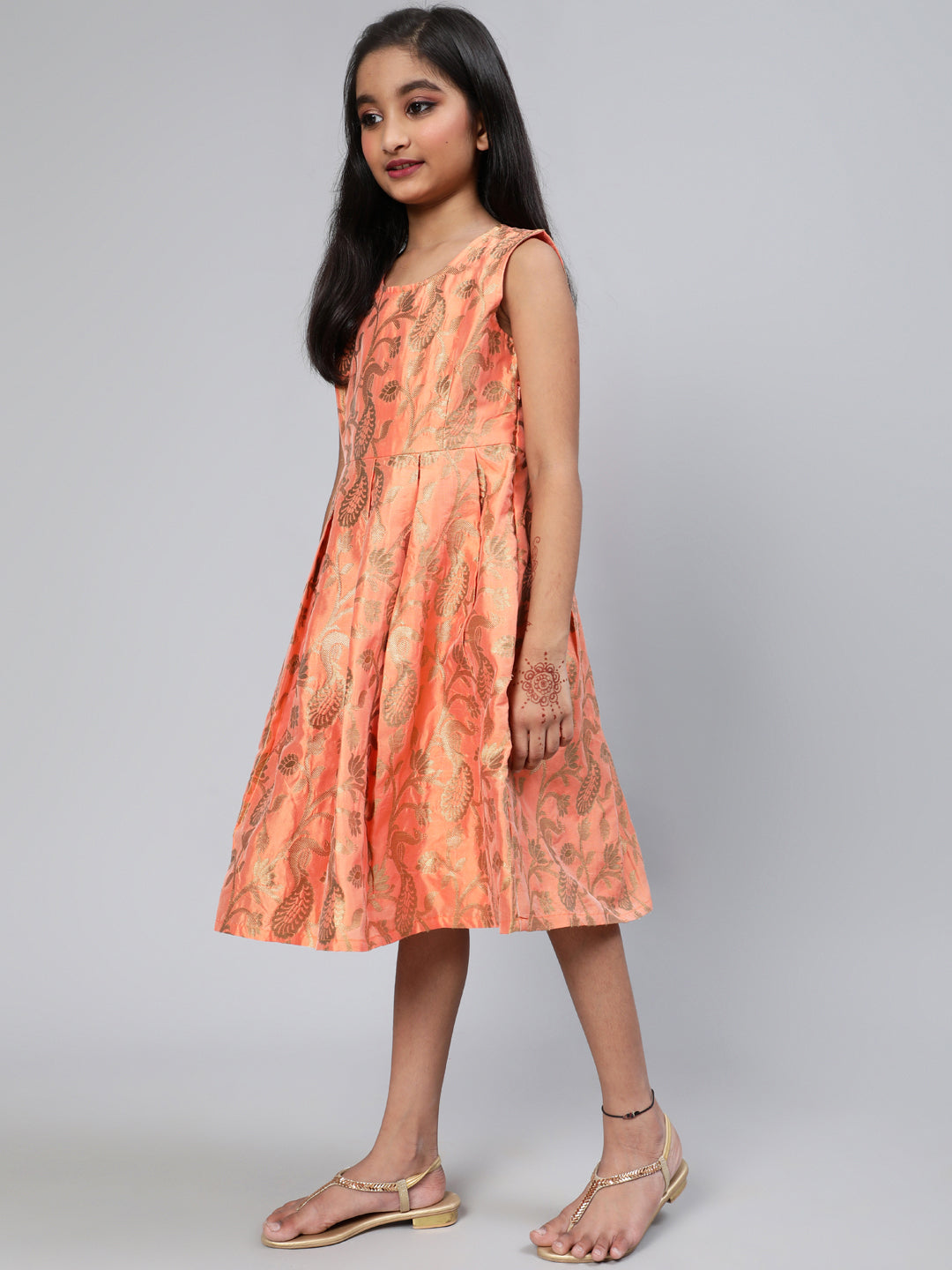 Peach Brocade Pleated Dress