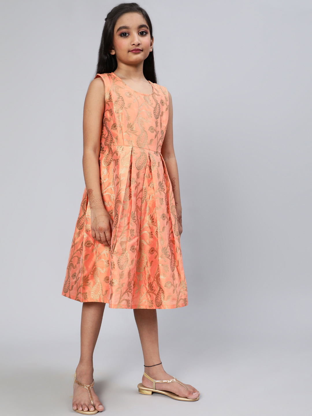 Peach Brocade Pleated Dress