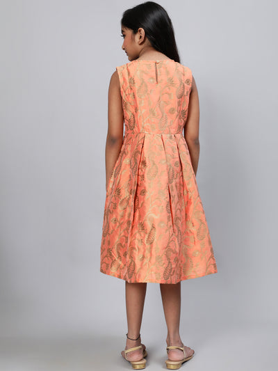 Peach Brocade Pleated Dress