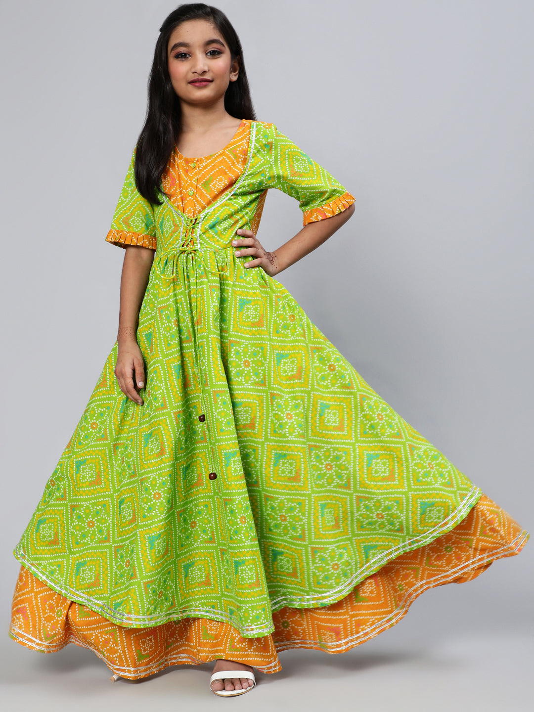 Green Bandhani Print Double Layered Maxi Dress