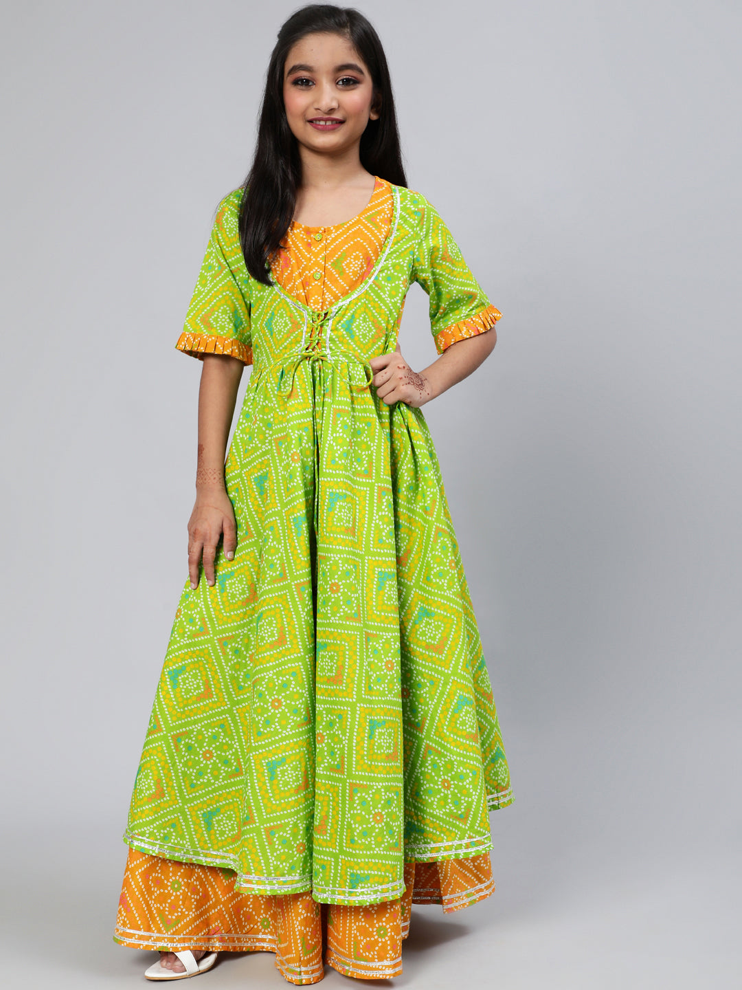 Green Bandhani Print Double Layered Maxi Dress