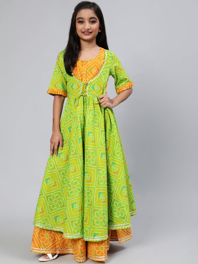 Green Bandhani Print Double Layered Maxi Dress