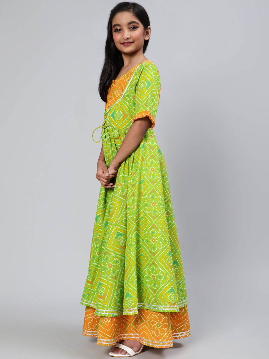 Green Bandhani Print Double Layered Maxi Dress