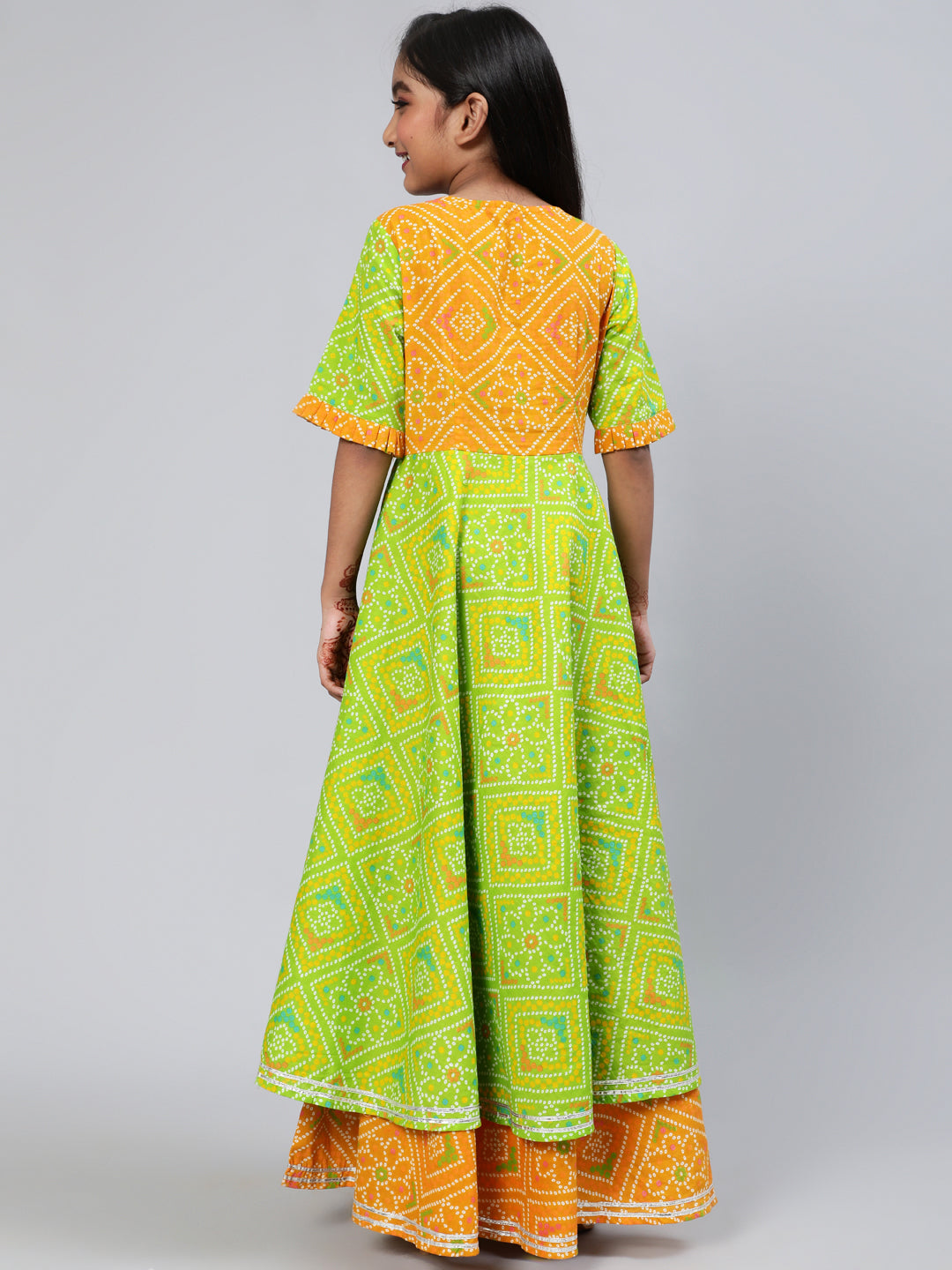 Green Bandhani Print Double Layered Maxi Dress