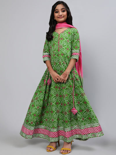 Green Bandhani Print Flared Dress With Dupatta