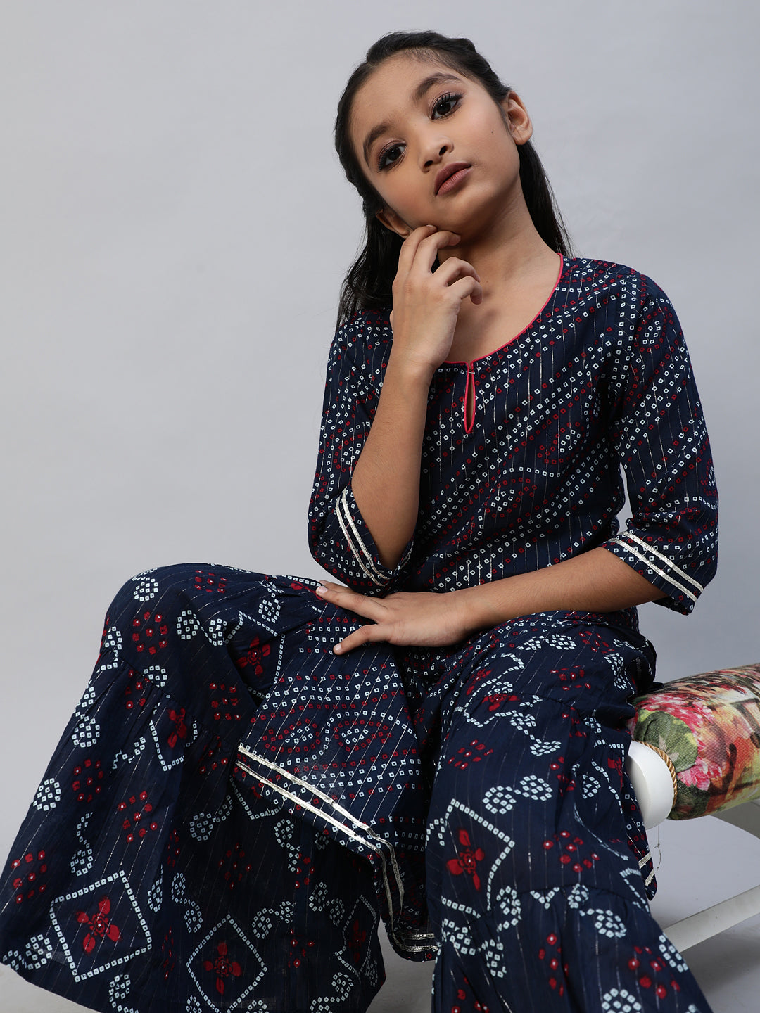 Navy Blue Bandhani Print Kurta With Palazzo