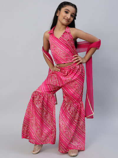 Pink Bandhani Print Top Sharara With Dupatta