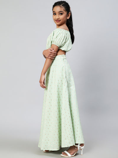 Sea Green Dobby Designed Crop Top With Skirt